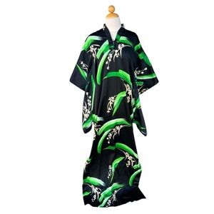 VTG Andrade Honolulu Polynesian Kimono Style Caftan Black Green Floral Size 12